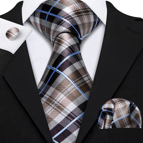 Jacquard Checked Plaid Silk Men Tie Handkerchief Cufflinks Set