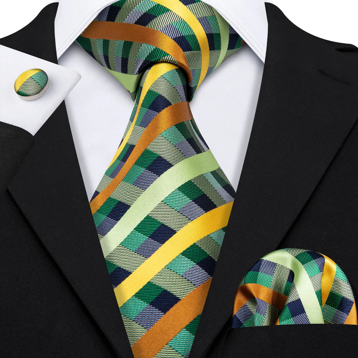 Yellow Jacquard Checked Plaid Silk Men Tie Handkerchief Cufflinks Set