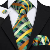 Yellow Jacquard Checked Plaid Silk Men Tie Handkerchief Cufflinks Set