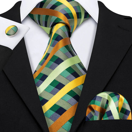Yellow Jacquard Checked Plaid Silk Men Tie Handkerchief Cufflinks Set