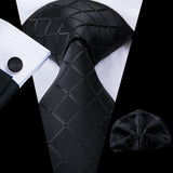 Black Jacquard Checked Plaid Silk Men Tie Handkerchief Cufflinks Set