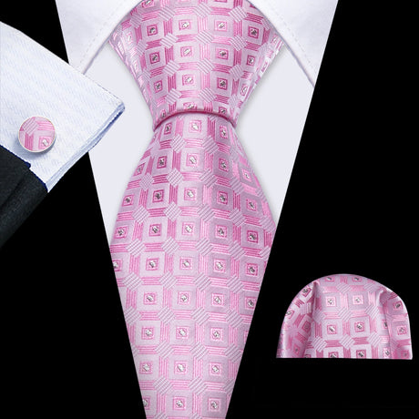 Jacquard Checked Plaid Silk Men Tie Handkerchief Cufflinks Set