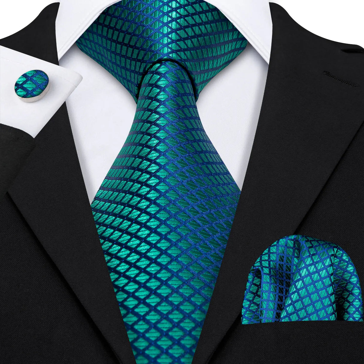 Blue Jacquard Checked Plaid Silk Men Tie Handkerchief Cufflinks Set