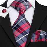 Red Jacquard Checked Plaid Silk Men Tie Handkerchief Cufflinks Set