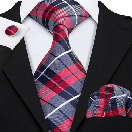 Red Jacquard Checked Plaid Silk Men Tie Handkerchief Cufflinks Set