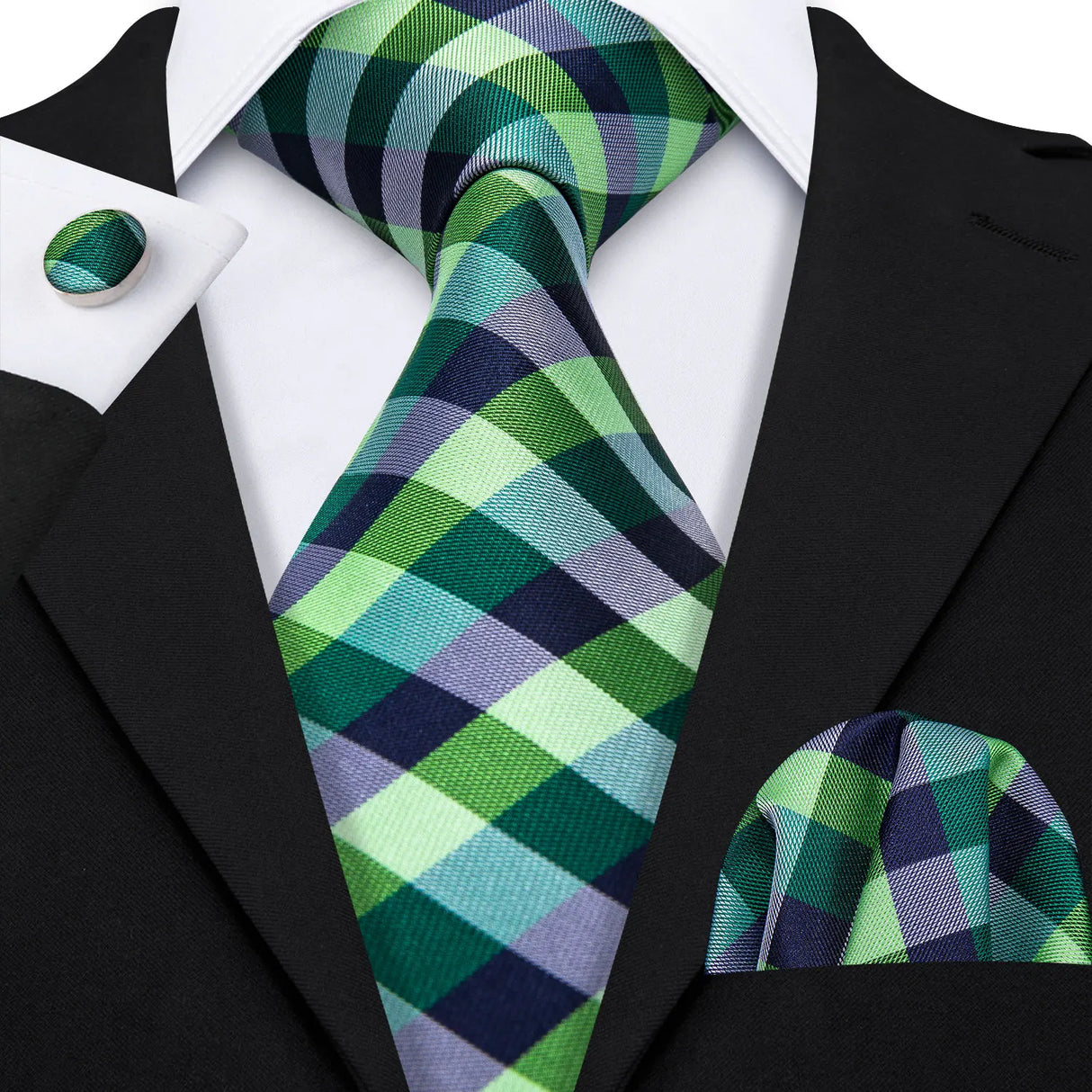 Green Jacquard Checked Plaid Silk Men Tie Handkerchief Cufflinks Set