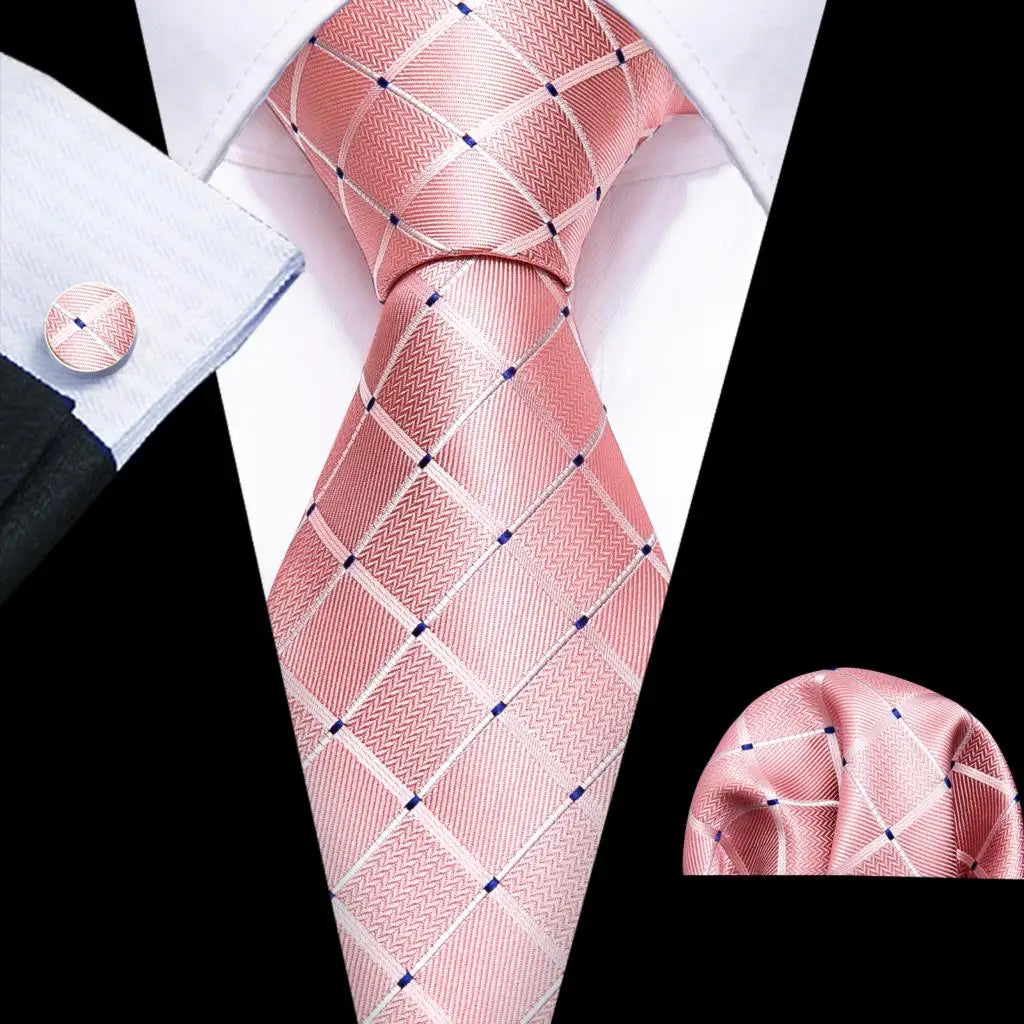 Pink Jacquard Checked Plaid Silk Men Tie Handkerchief Cufflinks Set