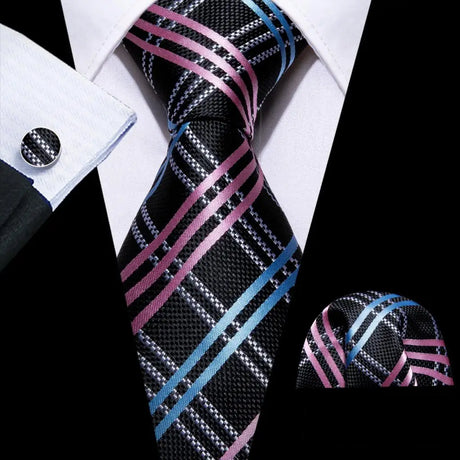 Black Jacquard Checked Plaid Silk Men Tie Handkerchief Cufflinks Set