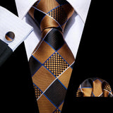 Yellow Jacquard Checked Plaid Silk Men Tie Handkerchief Cufflinks Set