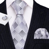 White Jacquard Checked Plaid Silk Men Tie Handkerchief Cufflinks Set