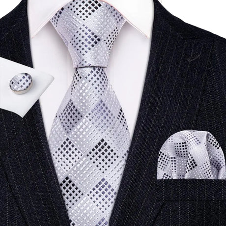 White Jacquard Checked Plaid Silk Men Tie Handkerchief Cufflinks Set