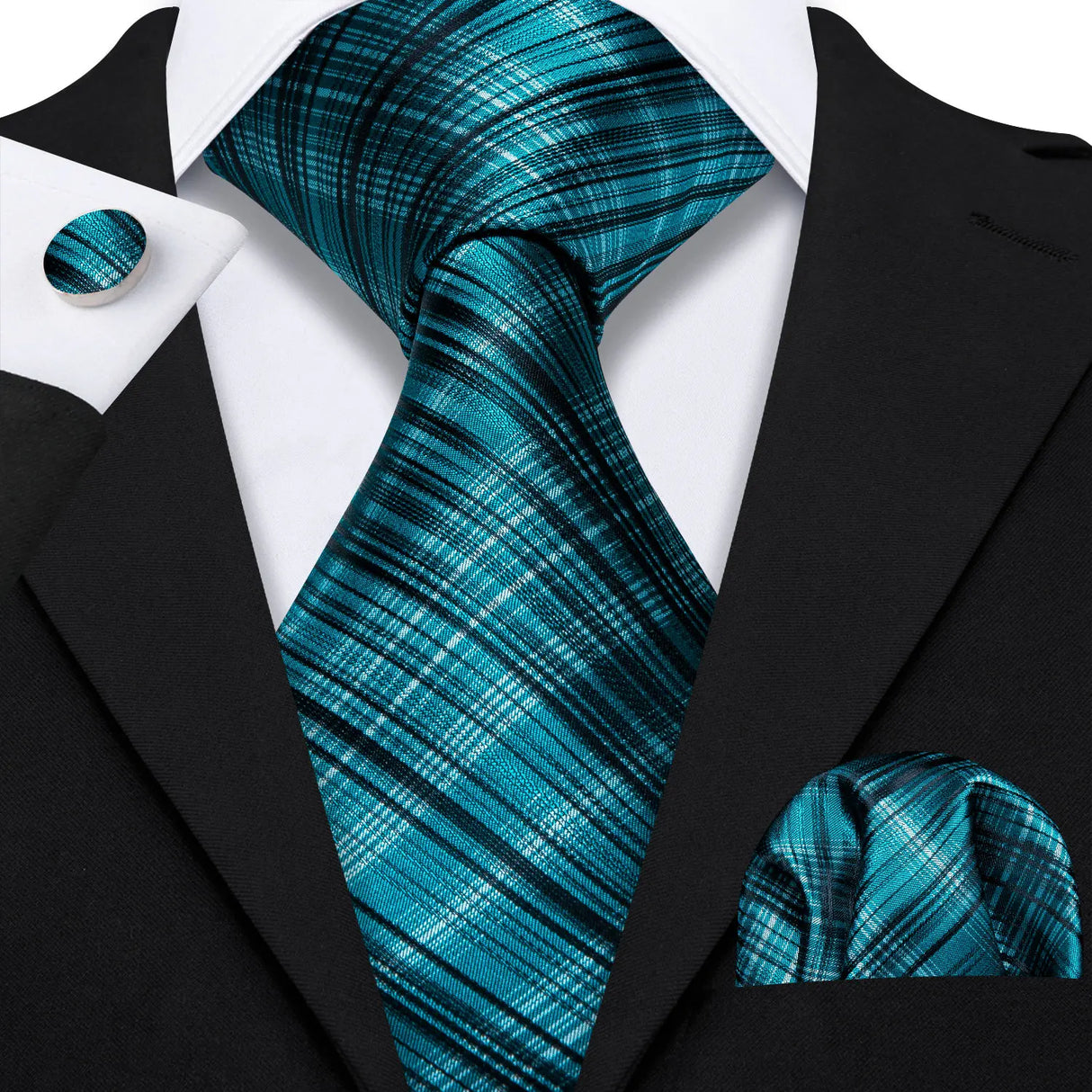 Green Jacquard Checked Plaid Silk Men Tie Handkerchief Cufflinks Set