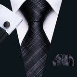 Black Jacquard Checked Plaid Silk Men Tie Handkerchief Cufflinks Set