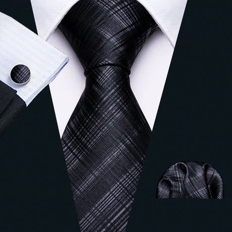 Black Jacquard Checked Plaid Silk Men Tie Handkerchief Cufflinks Set