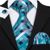 Blue Jacquard Checked Plaid Silk Men Tie Handkerchief Cufflinks Set