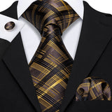 Gold Jacquard Checked Plaid Silk Men Tie Handkerchief Cufflinks Set