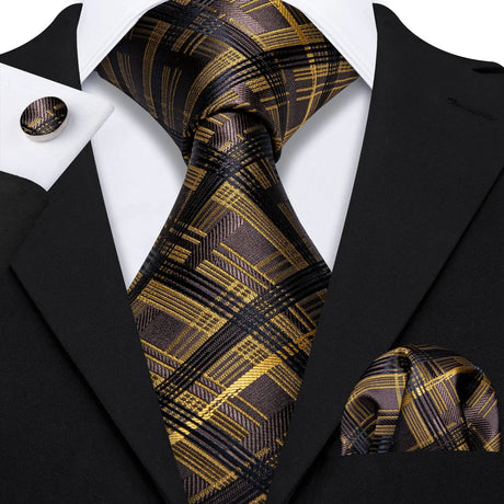 Gold Jacquard Checked Plaid Silk Men Tie Handkerchief Cufflinks Set