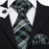 Green Jacquard Checked Plaid Silk Men Tie Handkerchief Cufflinks Set