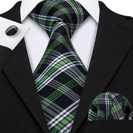 Green Jacquard Checked Plaid Silk Men Tie Handkerchief Cufflinks Set