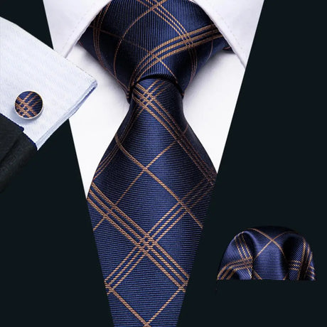 Blue Jacquard Checked Plaid Silk Men Tie Handkerchief Cufflinks Set