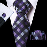 Black Jacquard Checked Plaid Silk Men Tie Handkerchief Cufflinks Set