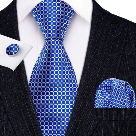 Blue Jacquard Checked Plaid Silk Men Tie Handkerchief Cufflinks Set