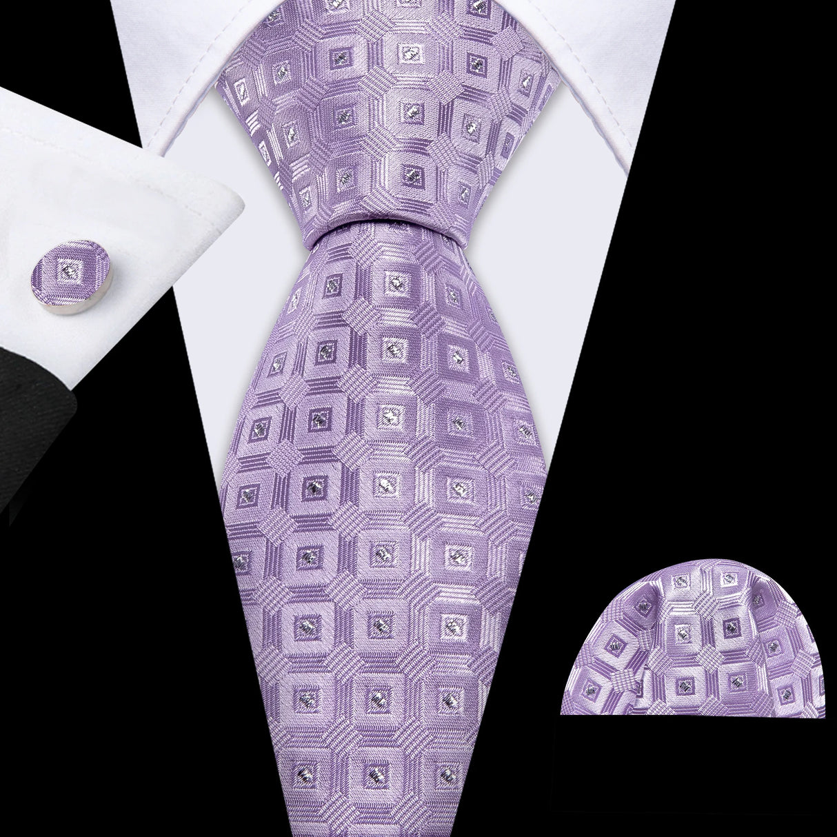 Purple Jacquard Checked Plaid Silk Men Tie Handkerchief Cufflinks Set