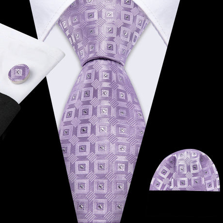 Purple Jacquard Checked Plaid Silk Men Tie Handkerchief Cufflinks Set
