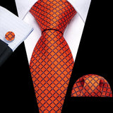 Orange Jacquard Checked Plaid Silk Men Tie Handkerchief Cufflinks Set