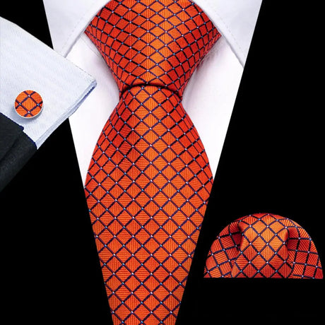 Orange Jacquard Checked Plaid Silk Men Tie Handkerchief Cufflinks Set