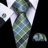 Green Jacquard Checked Plaid Silk Men Tie Handkerchief Cufflinks Set