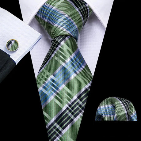 Green Jacquard Checked Plaid Silk Men Tie Handkerchief Cufflinks Set