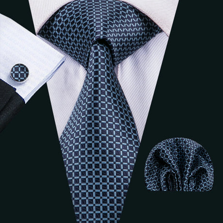 Blue Jacquard Checked Plaid Silk Men Tie Handkerchief Cufflinks Set