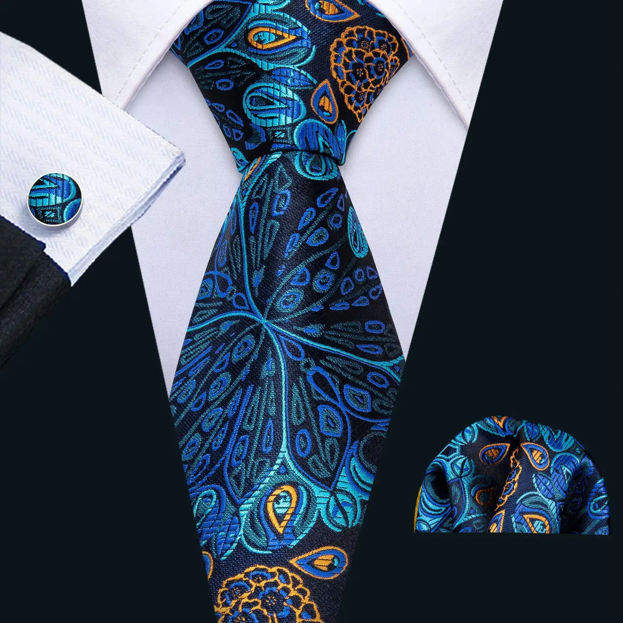 Jacquard Peacock Blue Floral Handkerchief Cufflinks Set