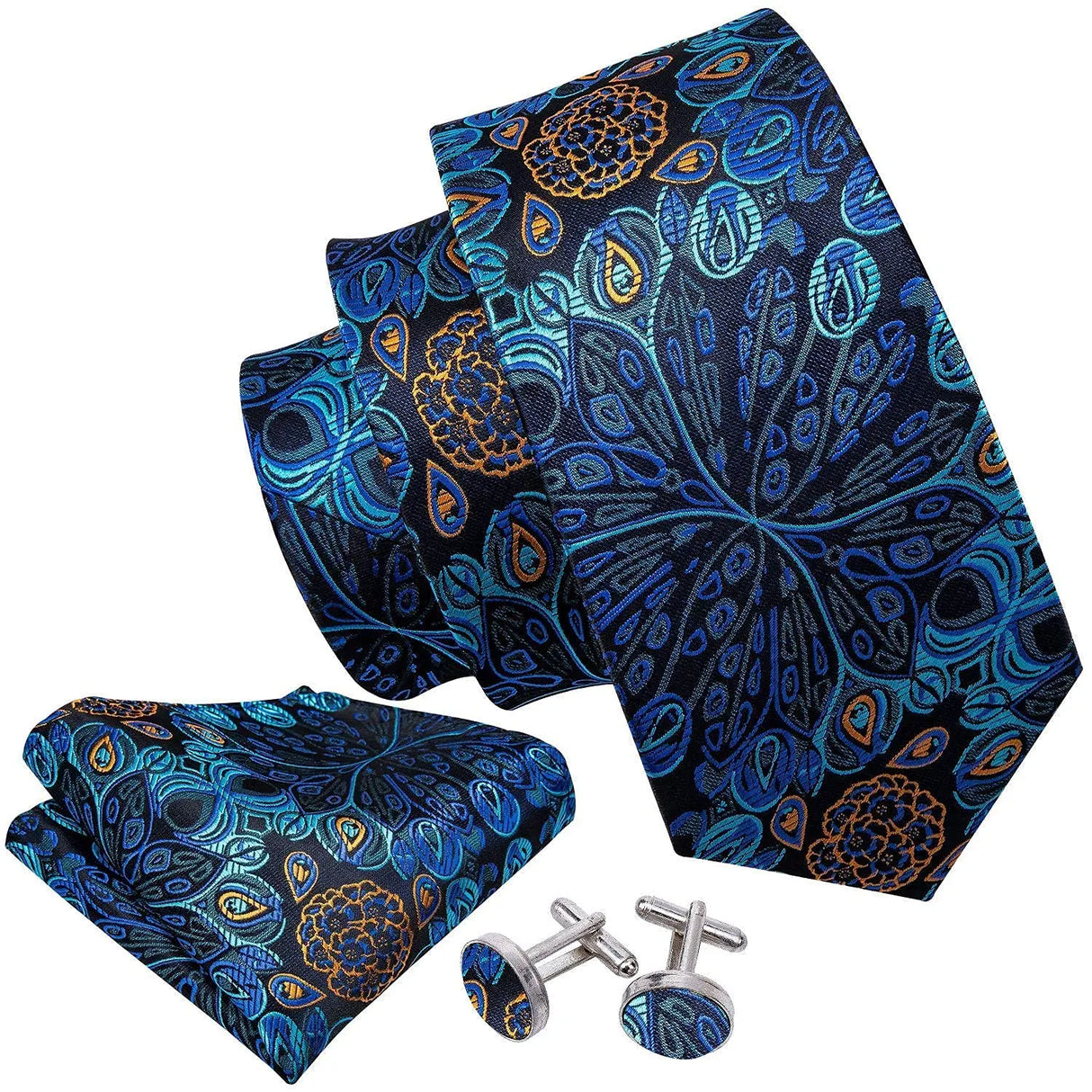 Jacquard Peacock Blue Floral Handkerchief Cufflinks Set