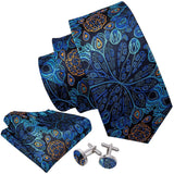Jacquard Peacock Blue Floral Handkerchief Cufflinks Set
