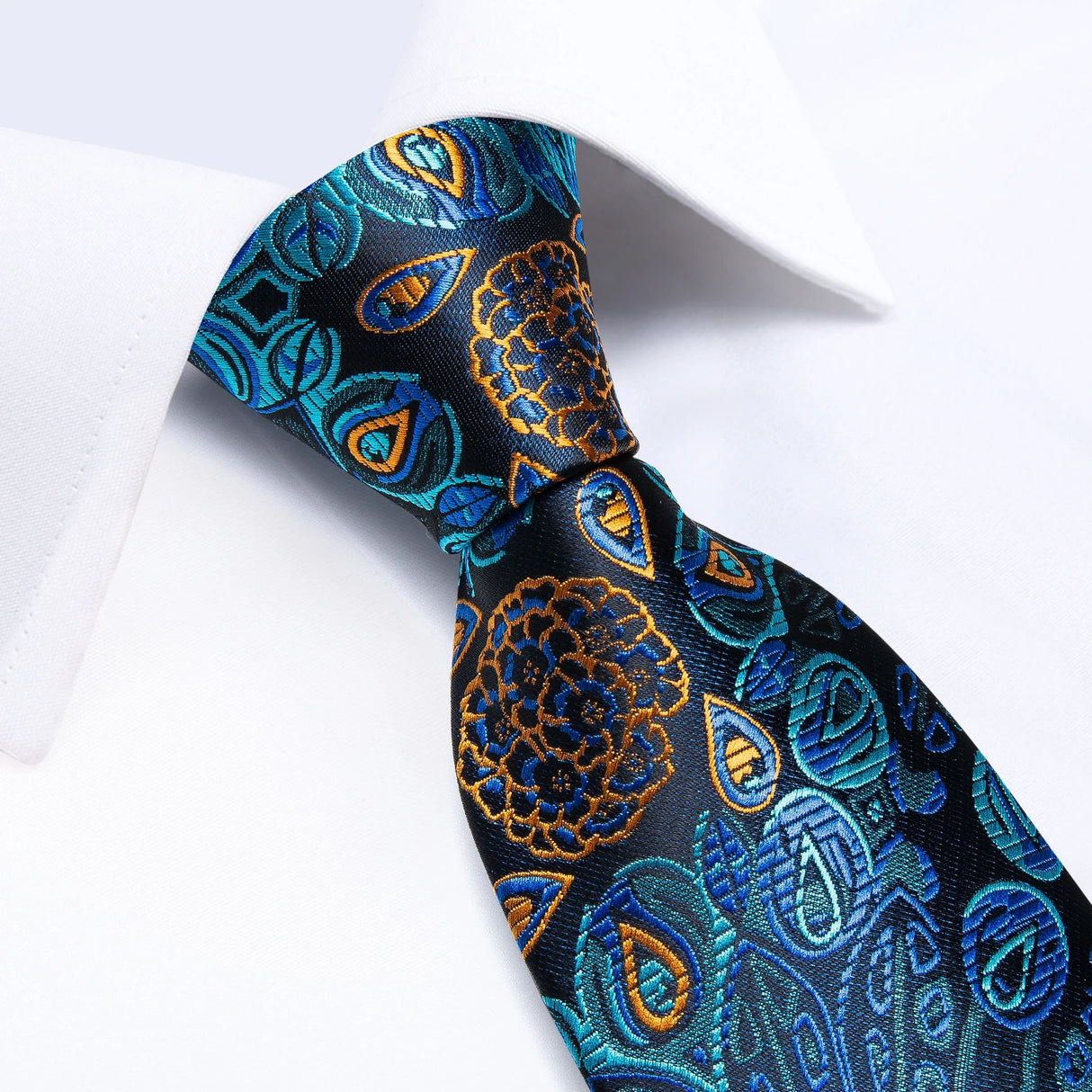 Jacquard Peacock Blue Floral Handkerchief Cufflinks Set