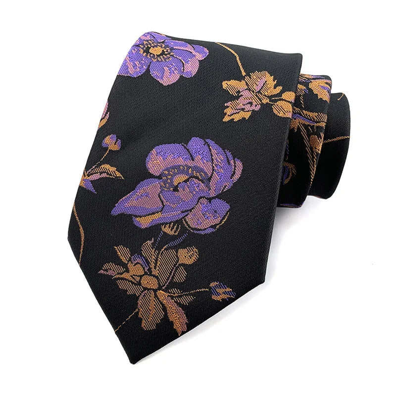 Black Purple Jacquard Woven 8CM Flower Necktie