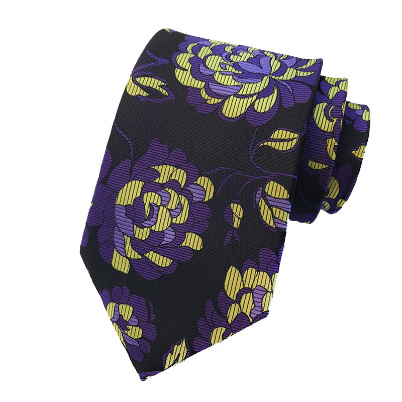 Yellow Black Jacquard Woven 8CM Flower Necktie
