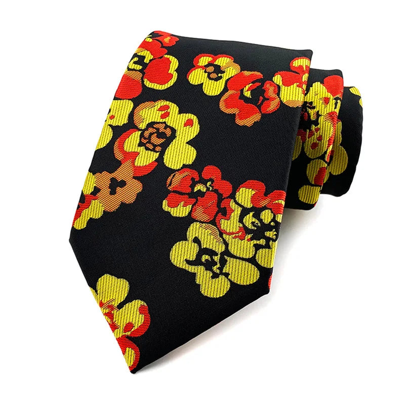 Black Yellow Jacquard Woven 8CM Flower Necktie