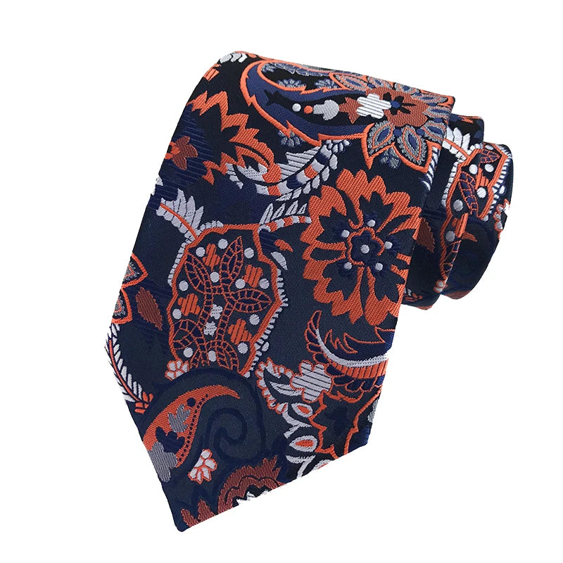 Blue Orange Jacquard Woven 8CM Flower Necktie