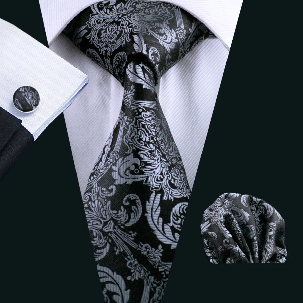 white black flower pattern necktie set