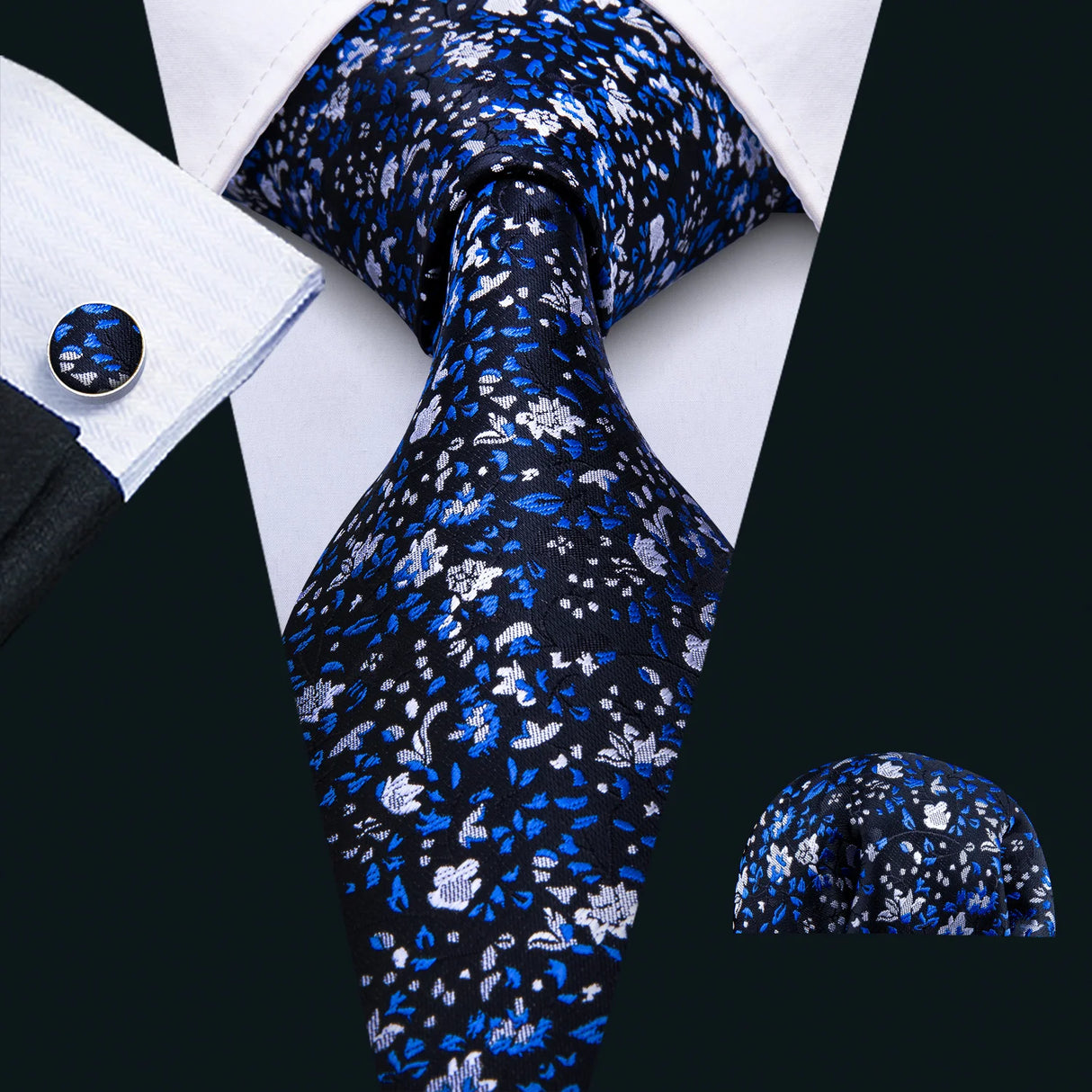 white blue black flower pattern necktie set