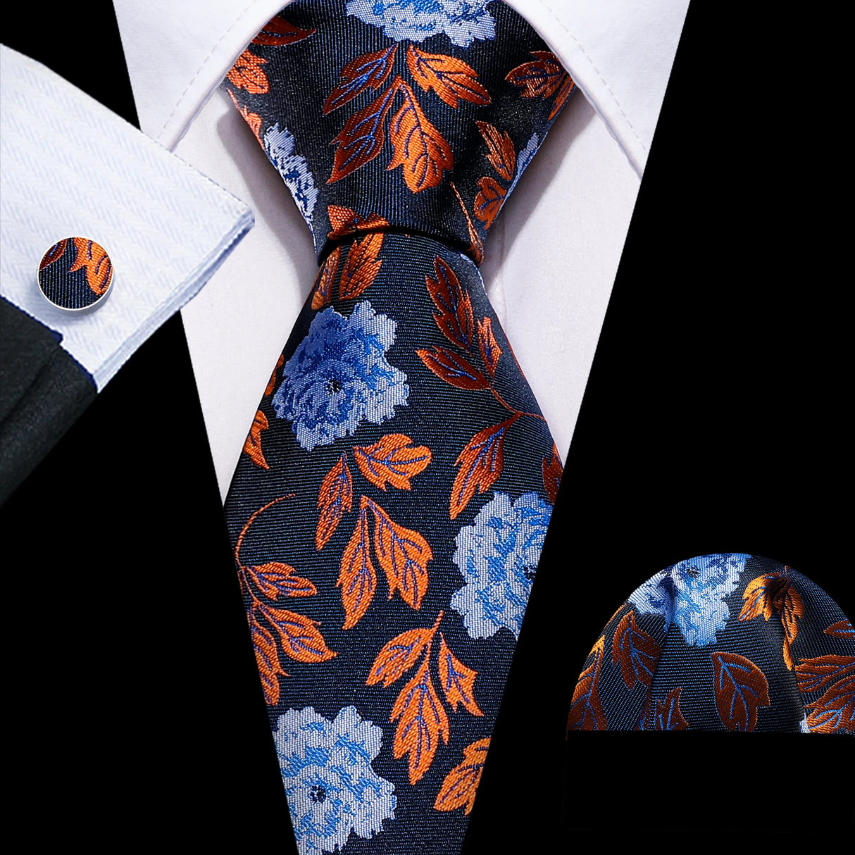 blue orange black flower pattern necktie set