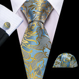 blue gold grey flower pattern necktie set