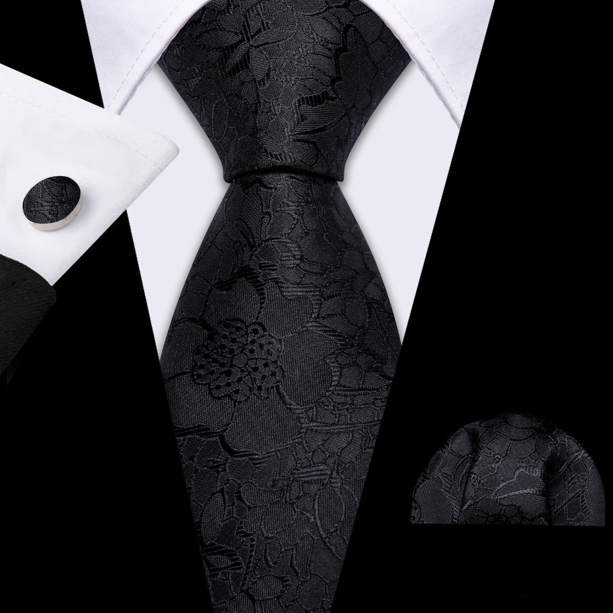 black flower pattern necktie set