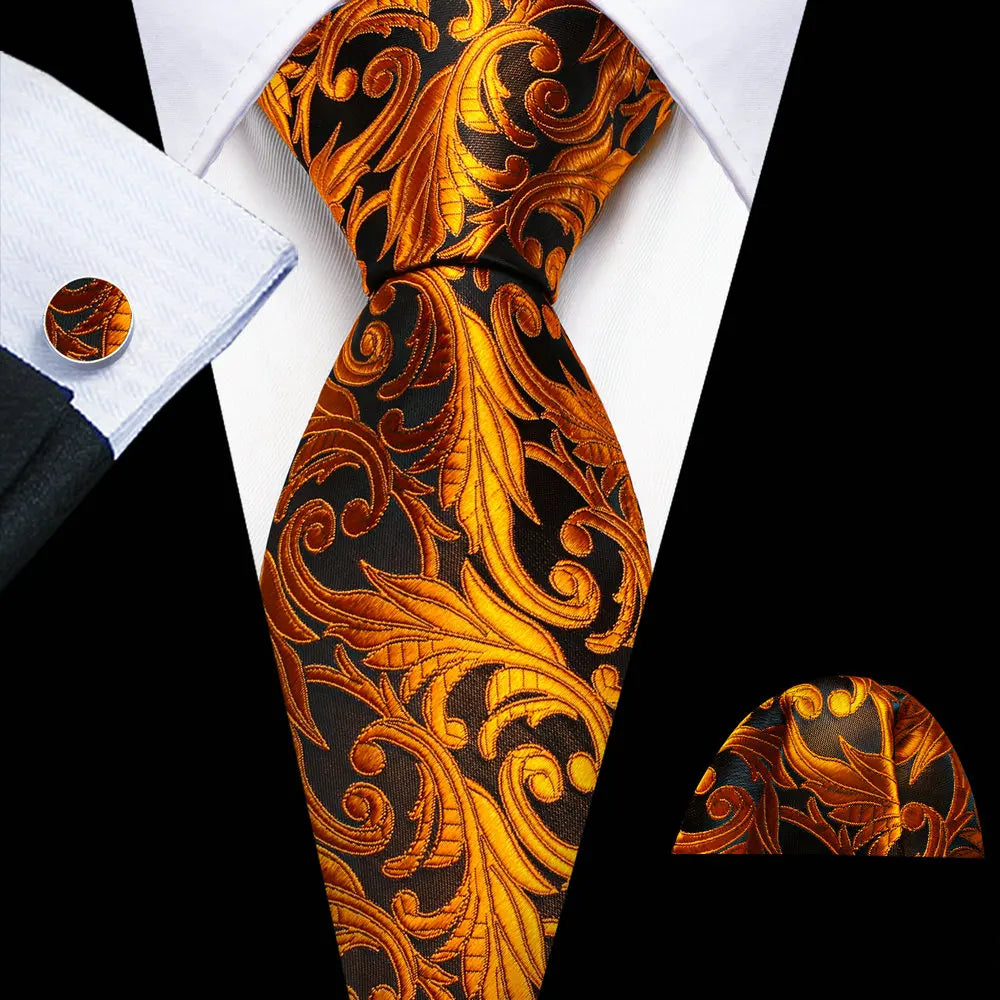 gold black flower pattern necktie set