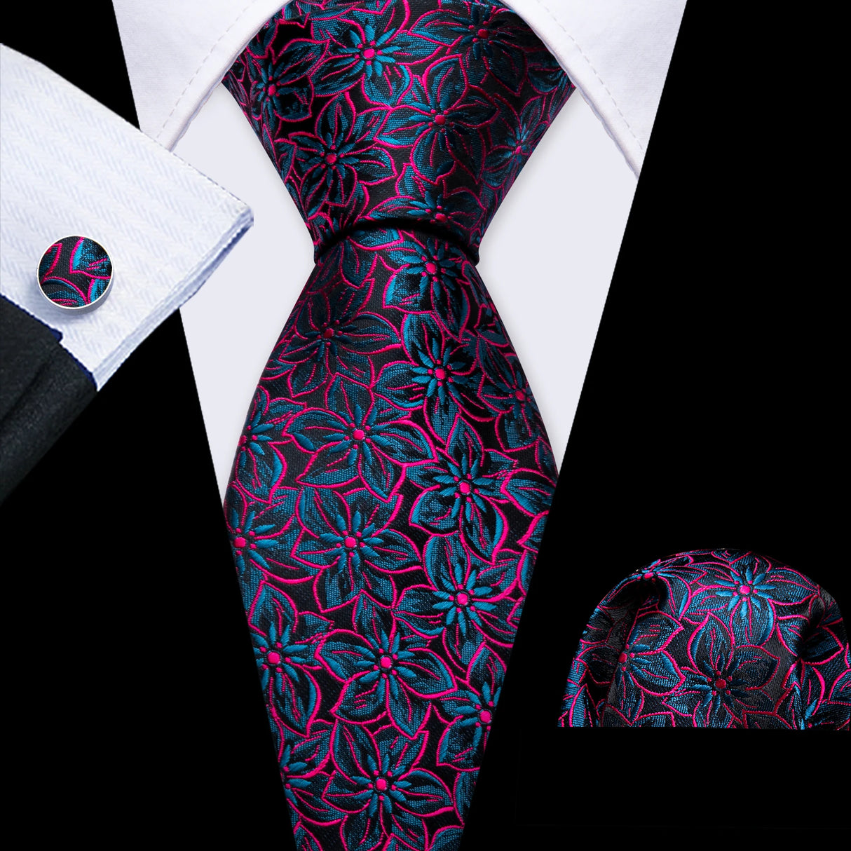 blue red flower pattern necktie set