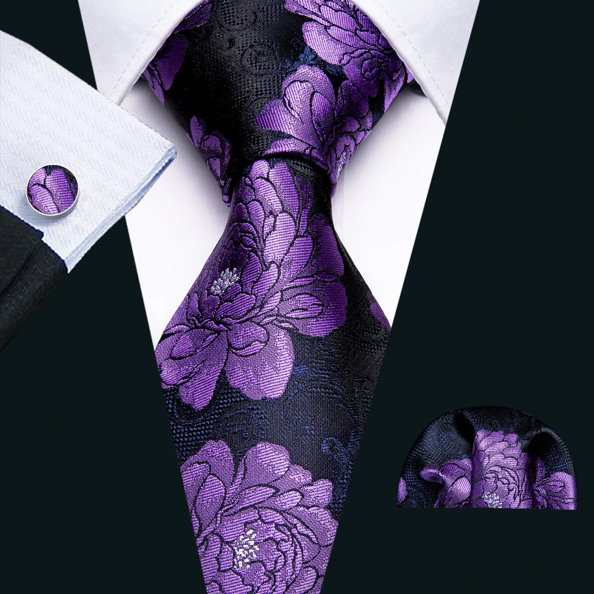 black purple flower pattern necktie set