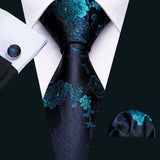 blue black flower pattern necktie set